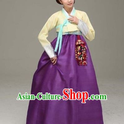 Korean Traditional Bride Hanbok Formal Occasions Yellow Blouse and Purple Dress Ancient Fashion Apparel Costumes for Women