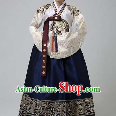 Korean Traditional Bride Hanbok Formal Occasions White Blouse and Navy Dress Ancient Fashion Apparel Costumes for Women