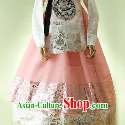 Korean Traditional Bride Hanbok Formal Occasions White Satin Blouse and Pink Dress Ancient Fashion Apparel Costumes for Women