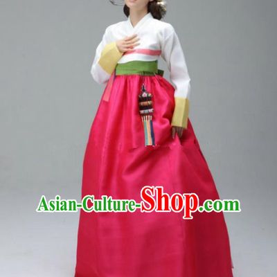 Korean Traditional Bride Hanbok Formal Occasions White Blouse and Rosy Dress Ancient Fashion Apparel Costumes for Women