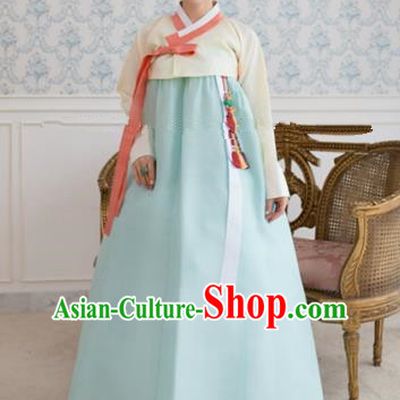 Korean Traditional Bride Hanbok Formal Occasions White Blouse and Light Blue Dress Ancient Fashion Apparel Costumes for Women
