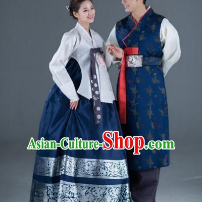 Traditional Korean Navy Costumes Ancient Korean Bride and Bridegroom Hanbok Complete Set