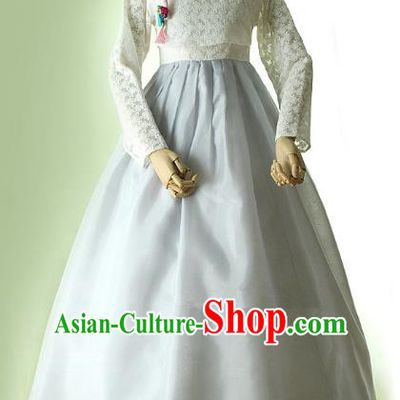 Korean Traditional Bride Hanbok Formal Occasions White Lace Blouse and Grey Dress Ancient Fashion Apparel Costumes for Women