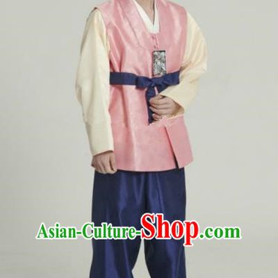 Traditional Korean Costumes Ancient Korean Bridegroom Hanbok Pink Vest and Navy Pants for Men