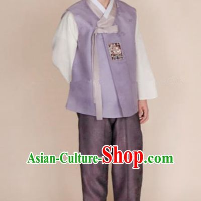 Traditional Korean Costumes Ancient Korean Bridegroom Hanbok Lilac Vest and Purple Pants for Men