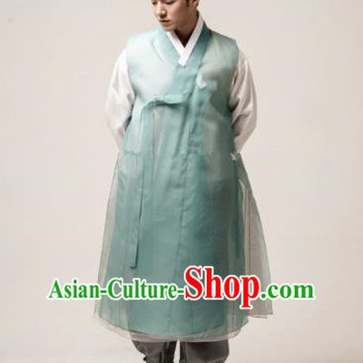 Traditional Korean Costumes Ancient Palace Korean Bridegroom Hanbok Green Vest and Grey Pants for Men
