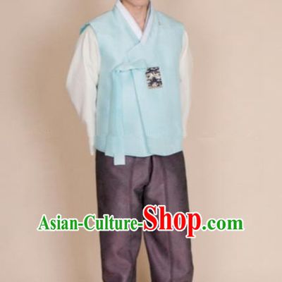 Traditional Korean Costumes Ancient Korean Bridegroom Hanbok Blue Vest and Purple Pants for Men