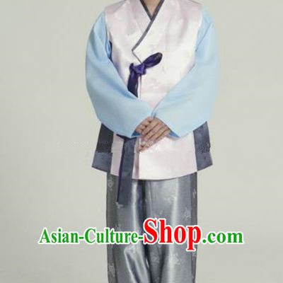 Traditional Korean Costumes Ancient Palace Korean Bridegroom Hanbok Pink Vest and Grey Pants for Men