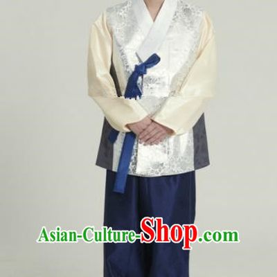 Traditional Korean Costumes Ancient Palace Korean Bridegroom Hanbok White Vest and Navy Pants for Men
