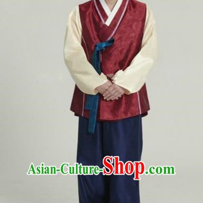 Traditional Korean Costumes Ancient Palace Korean Bridegroom Hanbok Wine Red Vest and Navy Pants for Men