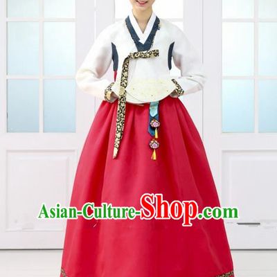 Korean Traditional Bride Hanbok Formal Occasions White Blouse and Red Dress Ancient Fashion Apparel Costumes for Women