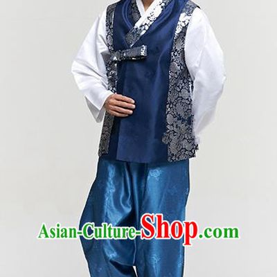 Traditional Korean Costumes Ancient Palace Korean Bridegroom Hanbok Navy Vest and Blue Pants for Men