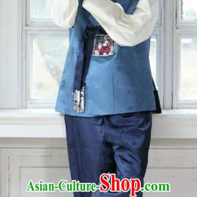 Traditional Korean Costumes Ancient Palace Korean Bridegroom Hanbok Blue Vest and Navy Pants for Men