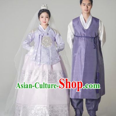 Traditional Korean Purple Costumes Ancient Korean Bride and Bridegroom Hanbok Complete Set