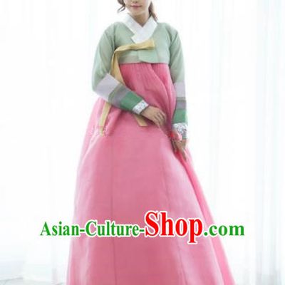 Korean Traditional Bride Hanbok Formal Occasions Green Blouse and Pink Dress Ancient Fashion Apparel Costumes for Women