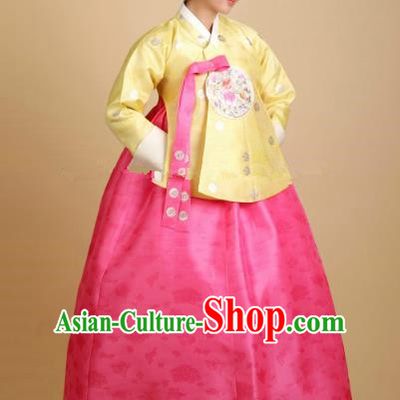 Korean Traditional Bride Tang Garment Hanbok Formal Occasions Yellow Blouse and Pink Dress Ancient Costumes for Women