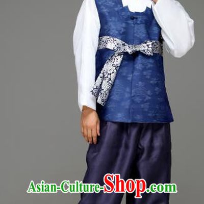 Traditional Korean Costumes Ancient Palace Korean Bridegroom Hanbok Royalblue Vest and Navy Pants for Men