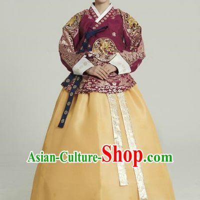 Korean Traditional Bride Tang Garment Hanbok Formal Occasions Wine Red Blouse and Yellow Dress Ancient Costumes for Women