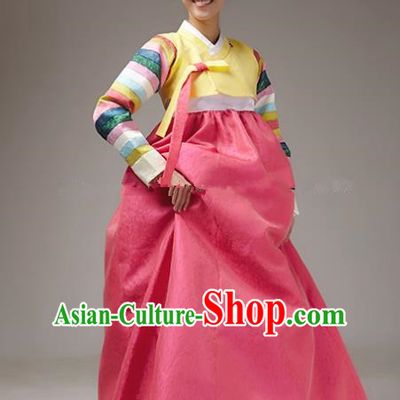 Korean Traditional Bride Tang Garment Hanbok Formal Occasions Yellow Blouse and Rosy Dress Ancient Costumes for Women