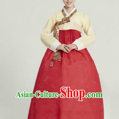 Korean Traditional Bride Tang Garment Hanbok Formal Occasions Yellow Blouse and Red Dress Ancient Costumes for Women