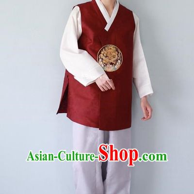 Traditional Korean Costumes Ancient Palace Korean Bridegroom Hanbok Wine Red Vest and Grey Pants for Men