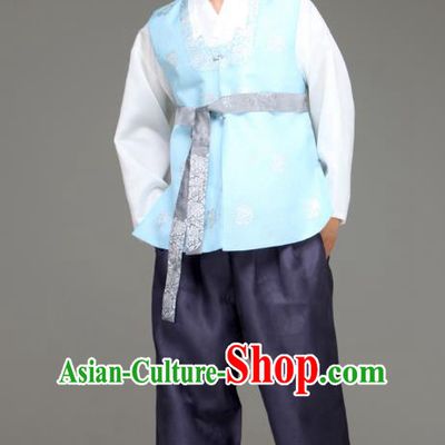 Traditional Korean Costumes Ancient Palace Korean Bridegroom Hanbok Blue Vest and Purple Pants for Men