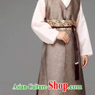Traditional Korean Costumes Ancient Palace Korean Bridegroom Hanbok Brown Vest and Purple Pants for Men