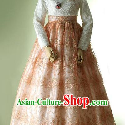 Korean Traditional Bride Tang Garment Hanbok Formal Occasions White Lace Blouse and Orange Dress Ancient Costumes for Women