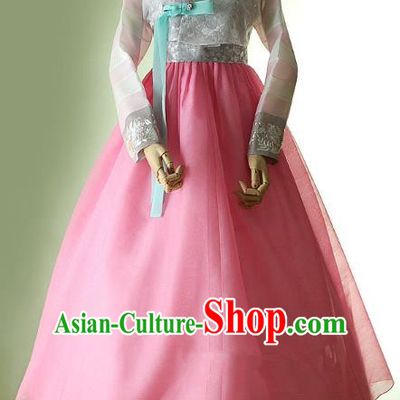 Korean Traditional Bride Tang Garment Hanbok Formal Occasions Grey Blouse and Pink Dress Ancient Costumes for Women