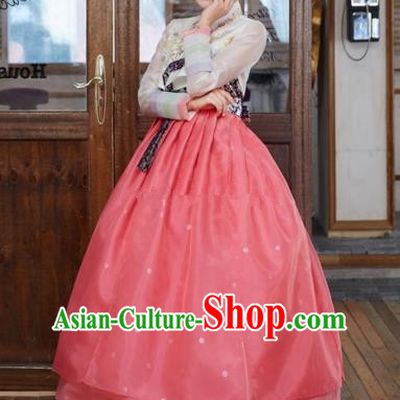 Korean Traditional Bride Tang Garment Hanbok Formal Occasions White Blouse and Pink Dress Ancient Costumes for Women