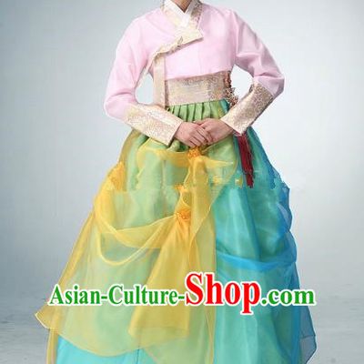 Korean Traditional Bride Tang Garment Hanbok Formal Occasions Pink Blouse and Blue Dress Ancient Costumes for Women