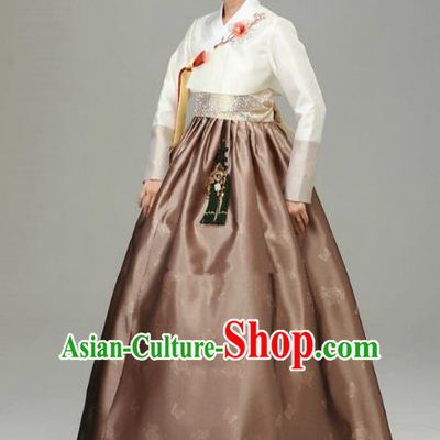 Korean Traditional Bride Tang Garment Hanbok Formal Occasions White Blouse and Coffee Dress Ancient Costumes for Women