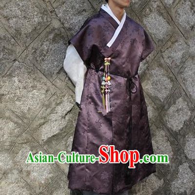 Traditional Korean Costumes Ancient Palace Korean Bridegroom Hanbok Purple Vest and Grey Pants for Men