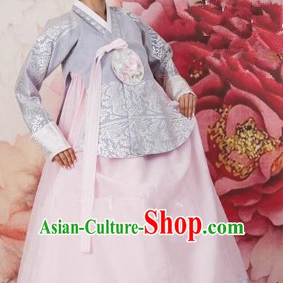 Korean Traditional Bride Tang Garment Hanbok Formal Occasions Grey Blouse and Pink Dress Ancient Costumes for Women