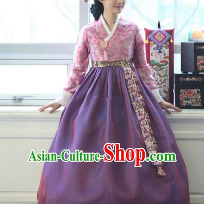 Korean Traditional Bride Tang Garment Hanbok Formal Occasions Pink Blouse and Purple Dress Ancient Costumes for Women