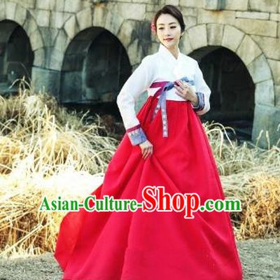 Korean Traditional Bride Tang Garment Hanbok Formal Occasions White Blouse and Red Dress Ancient Costumes for Women