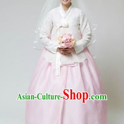 Korean Traditional Bride Tang Garment Hanbok Formal Occasions White Lace Blouse and Pink Dress Ancient Costumes for Women