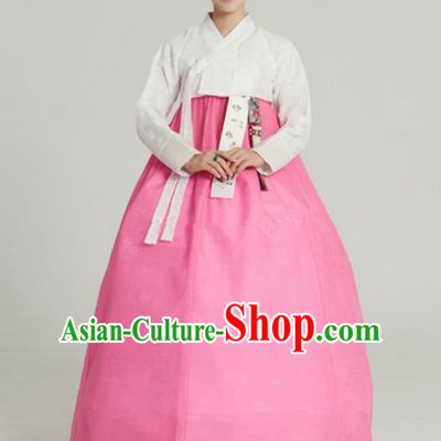 Korean Traditional Bride Tang Garment Hanbok Formal Occasions White Blouse and Pink Dress Ancient Costumes for Women