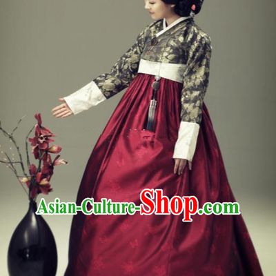 Korean Traditional Bride Tang Garment Hanbok Formal Occasions Brown Blouse and Wine Red Dress Ancient Costumes for Women