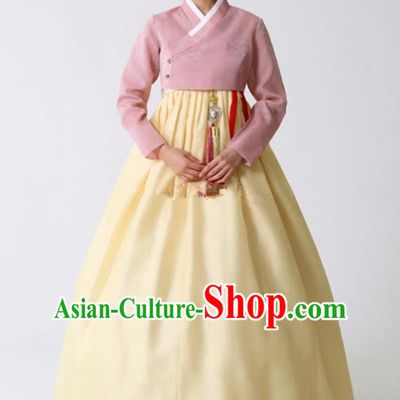 Korean Traditional Bride Tang Garment Hanbok Formal Occasions Pink Blouse and Yellow Dress Ancient Costumes for Women