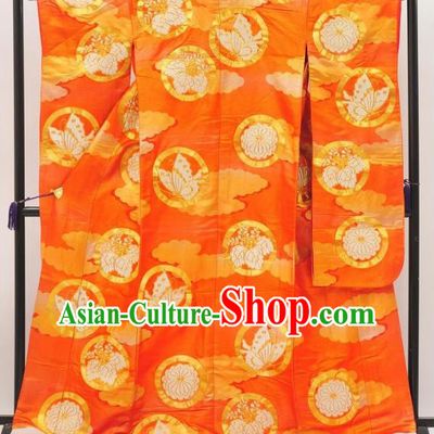 Japan Ancient Butterfly Furisode Kimonos Traditional Palace Orange Yukata Dress Formal Costume for Women
