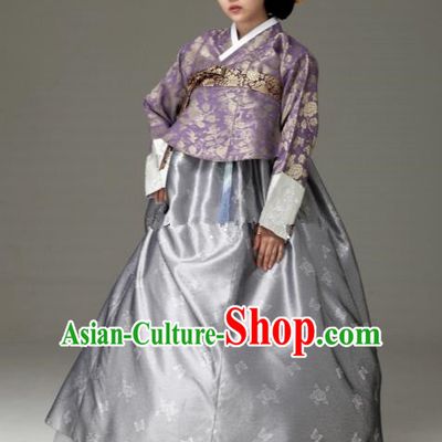 Korean Traditional Bride Tang Garment Hanbok Formal Occasions Purple Blouse and Grey Dress Ancient Costumes for Women