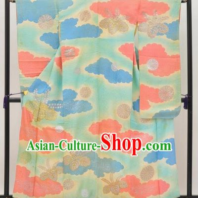 Japan Ancient Furisode Kimonos Traditional Palace Green Yukata Dress Formal Costume for Women