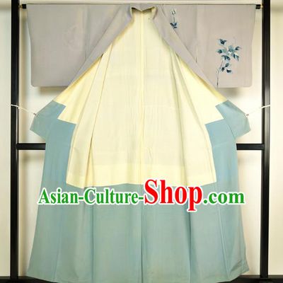 Japanese Ancient Kimono Costume Grey Yukata Robe Traditional Wafuku Hakama Haori for Men