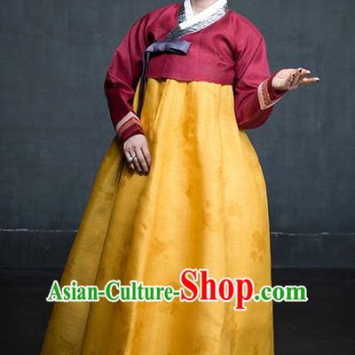 Korean Traditional Tang Garment Hanbok Formal Occasions Wine Red Blouse and Yellow Dress Ancient Costumes for Women