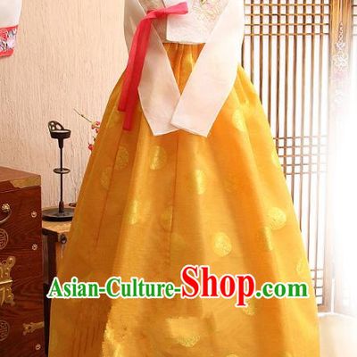 Korean Traditional Tang Garment Hanbok Formal Occasions White Blouse and Yellow Dress Ancient Costumes for Women
