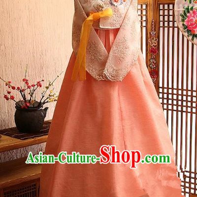 Korean Traditional Tang Garment Hanbok Formal Occasions Lace Blouse and Pink Dress Ancient Costumes for Women