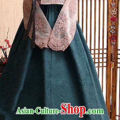 Korean Traditional Tang Garment Hanbok Formal Occasions Pink Lace Blouse and Atrovirens Dress Ancient Costumes for Women