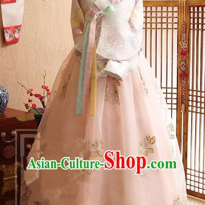 Korean Traditional Tang Garment Hanbok Formal Occasions White Lace Blouse and Pink Dress Ancient Costumes for Women