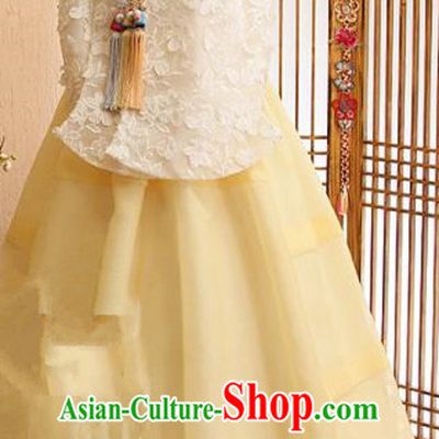 Korean Traditional Bride Tang Garment Hanbok Formal Occasions White Lace Blouse and Yellow Dress Ancient Costumes for Women